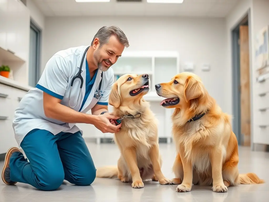 A golden retriever puppy receiving a checkup from a veterinarian, with the vet smiling and the puppy looking healthy and happy. The background is a clean, modern veterinary clinic.