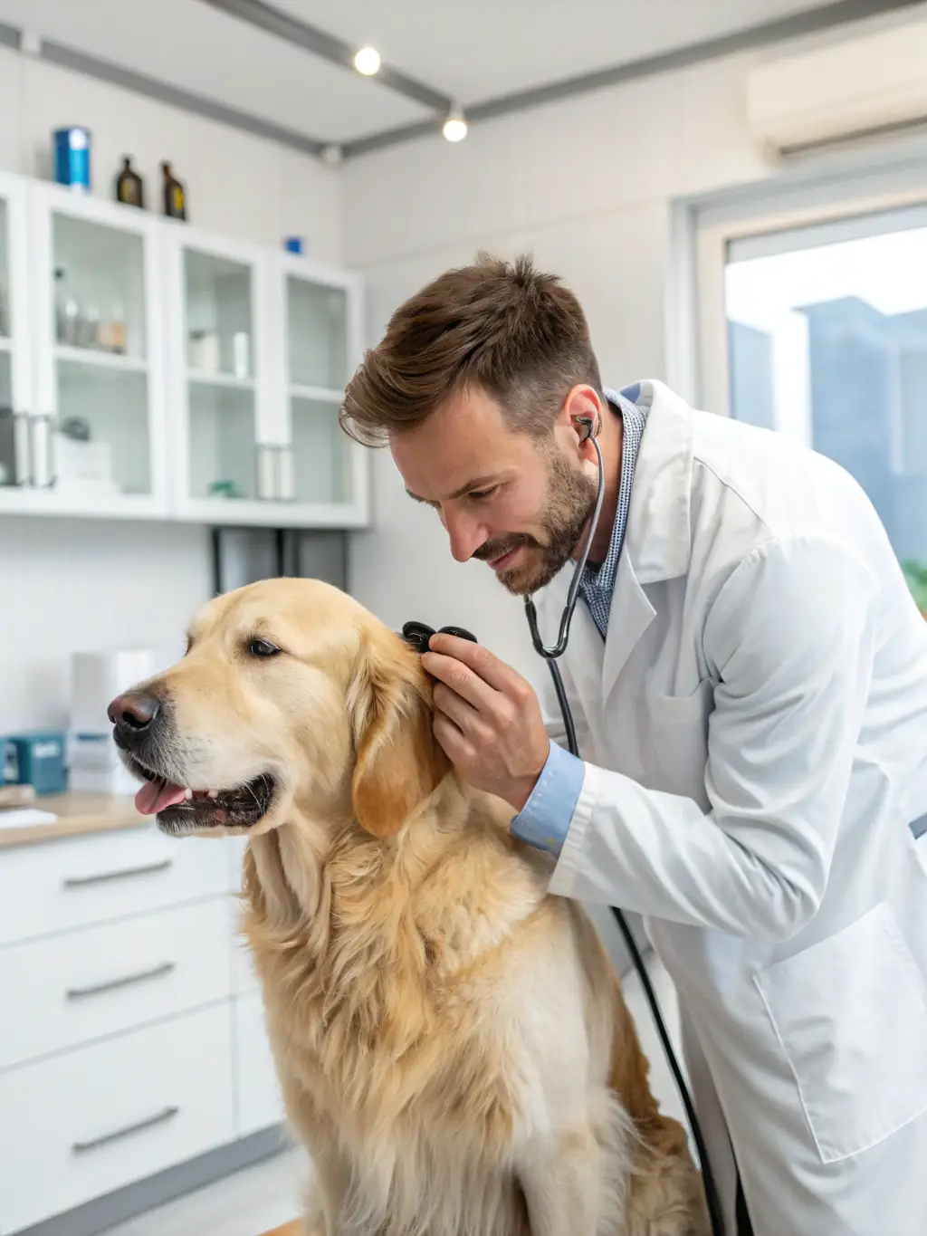 A German Shepherd puppy is being examined by a veterinarian, with the Healthy Paws Pet Insurance logo visible on the vet's coat, indicating quality care coverage.