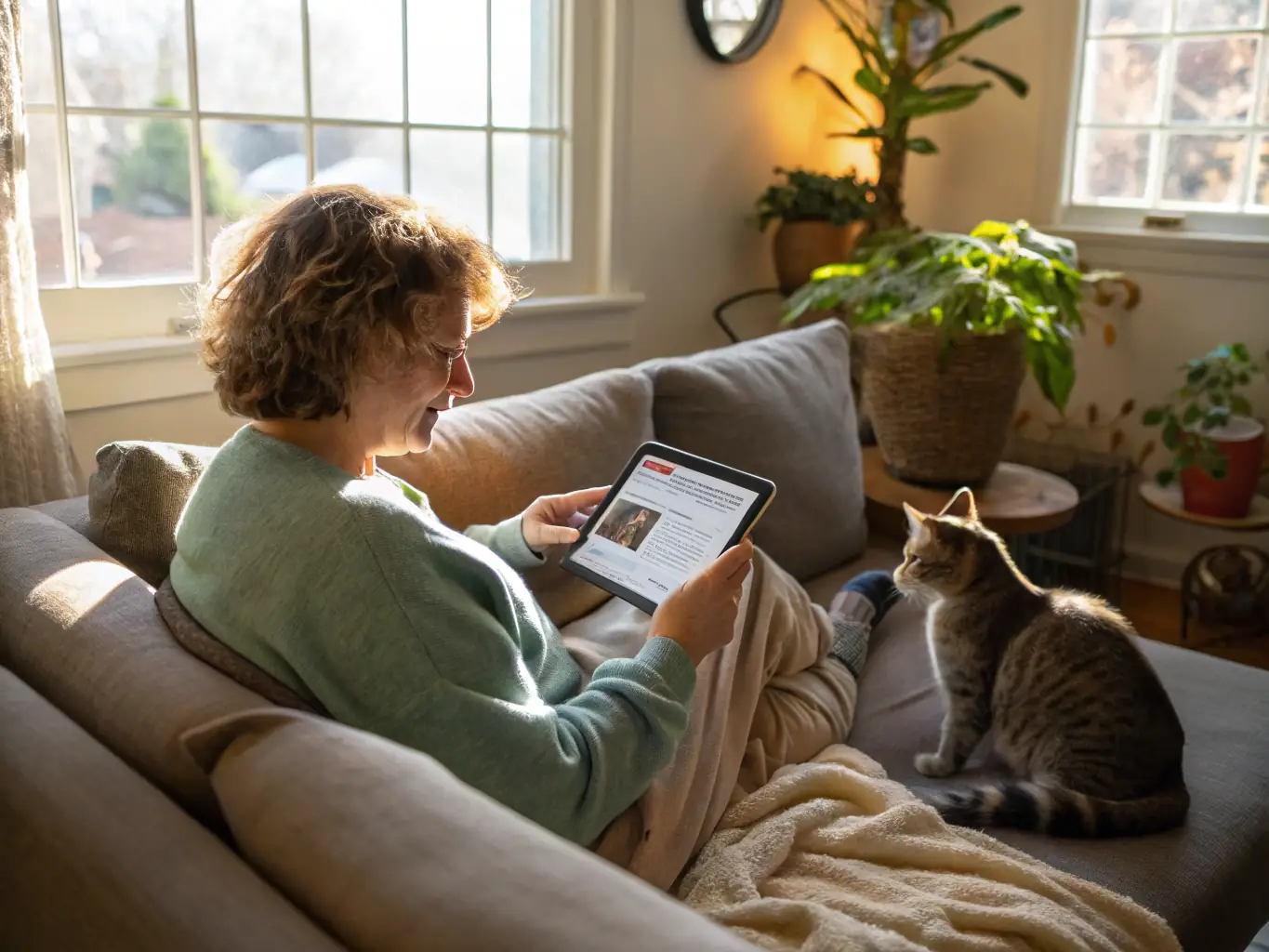A tablet displaying a pet insurance provider's website, with a clear call-to-action button for signing up. The tablet is held by a person sitting in a cozy living room with a cat nearby.